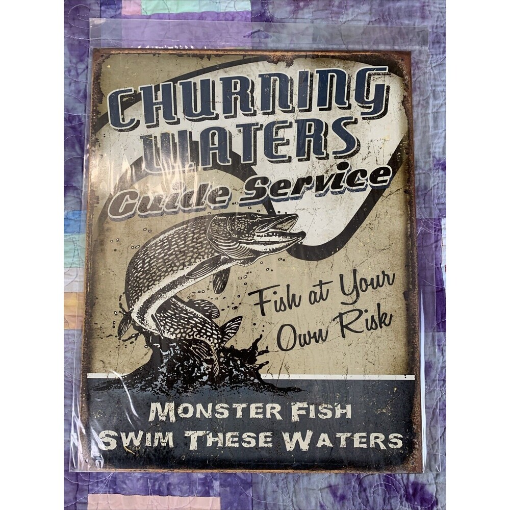 Churning Waters Guide Service Fishing 12.5" X 16" Man Cave Bar Garage Decor